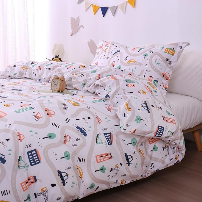 JSD Cars Kids Duvet Cover Set Twin Size, 2 Piece Soft Printed Microfiber Comforter Cover with Pillow Sham Zipper Closure, Comforter Not Included