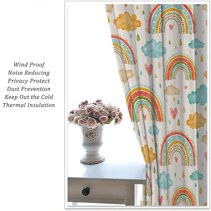 Boho Rainbow Curtains for Kids Nursery Colorful Floral Sun Star Clouds Pastel Bohemian Pattern Print Window Drapes for Girl Bedroom Living Room Kitchen Decor,2 Panel Set,63Wx63H Inch Blackout