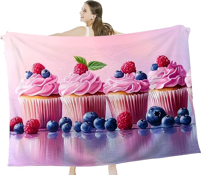 Tijuboni Pink Cupcakes Throw Blanket Dessert Gifts for Girls Women Boys Men Kids Adults Soft Flannel Fleece Blanket for Couch Sofa Bed Home Decor 50"x60"
