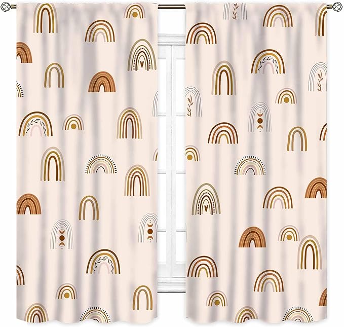 Rainbow Curtains, Boho Pastel Cute Cartoon Aesthetic Art Printed Beige Blackout Decorative Drapery for Kids Girls Baby Bedroom Living Room Classroom Nusery Bathroom Windows 2 Panels, 84"x63" Inch