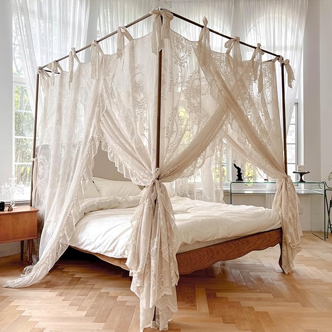 Bed Canopy, 4 Corner Post Canopy Bed Curtains, Lace Mosquito Net for 1.5m/4.92ft Beds, Beige (Frame Not Included), Mosquito Netting Tent