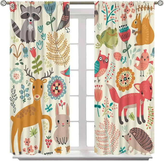 Kids Baby Woodland Blackout Curtains,Forest Animals Plants Cartoon Funny Colorful Deer Fox Owl Pattern Thermal Insulation Window Drapes for Boys Girls Children's Bedroom 55x63in