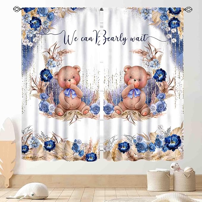 Bear Curtains for Kids Room, Baby Boys Girls Cute Lovely Bear Watercolor Floral Blue Window Drapery Treatments for Living Room Bedroom Nursey Toddler Classroom 2 Panels, 63"x63" Inch