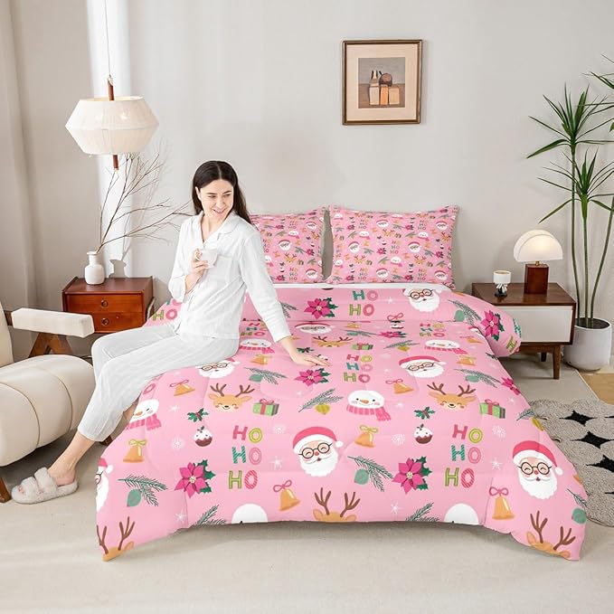 Feelyou Santa Claus Comforter Set Queen Size Xmas Bedding Set for Kids Boys Girls Christmas Decor Duvet Quilt Happy New Year Bedroom Decor Microfiber 3 Pcs with 2 Pillow Cases
