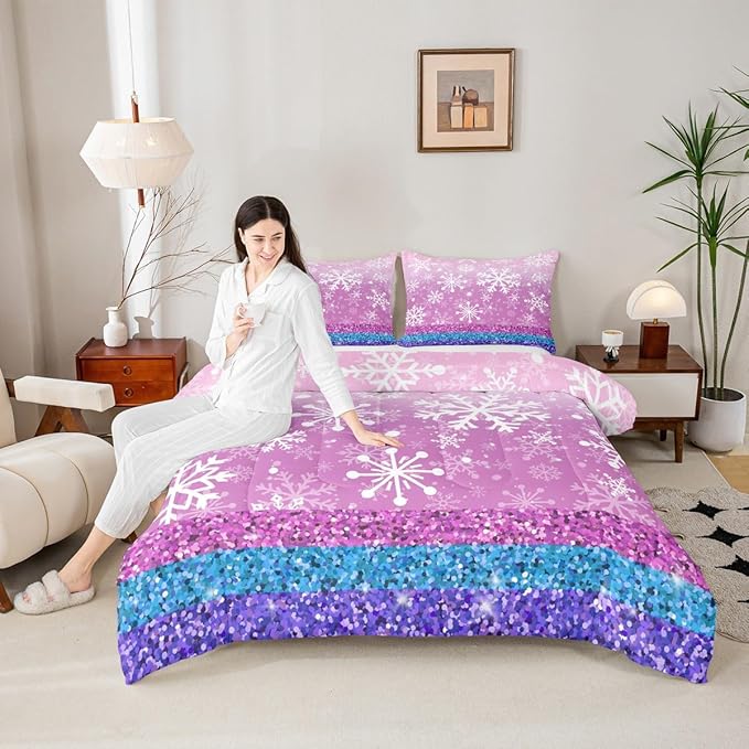 Feelyou Pink Snowflake Comforter Set Toddler Size Winter Snowflake Bedding Set for Kids Boys Girls Christmas Duvet Quilt Glitter Print Bedroom Decor Microfiber 2 Pcs with 1 Pillow Cases