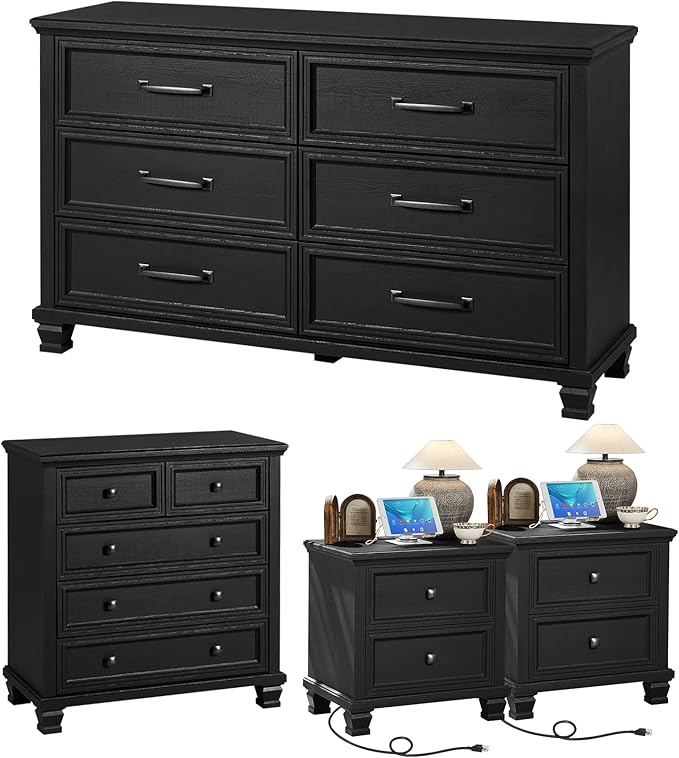 Farmhouse Bedroom Dresser and Nightstand Set of 4, 6 Drawer Low & 5 Drawers Dresser & 2 Drawer Nightstand Set, Rustic Wood Furniture Set for Bedroom, Hallway, Black