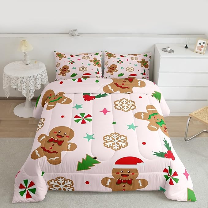Feelyou Merry Christmas Kids Comforter Set Toddler Size Gingerbread Man Bedding Set Xmas Tree Duvet Quilt for Kids Boys Girls Bedroom Red Berries Snowflake Decor Microfiber Ultra Soft Breathable