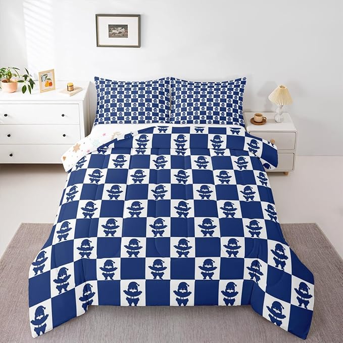 Feelyou Christmas Comforter Set Queen Size Checkered Bedding Set for Kids Boys Girls Santa Claus Duvet Quilt Xmas Decorations Bedroom Decor Blue Microfiber 3 Pcs with 2 Pillow Cases