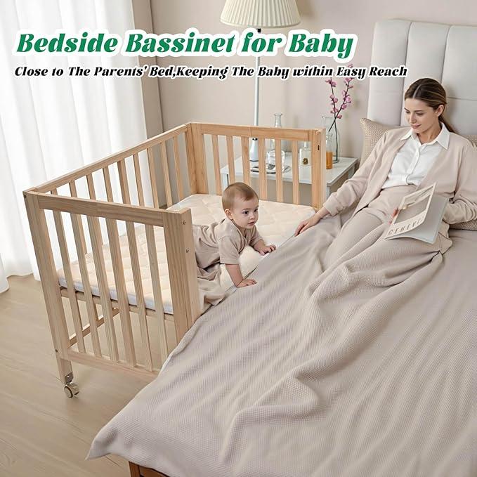 Foldable Mini Baby Crib - Portable 4-in-1 Convertible Baby Cribs,Pine Wood Bedside Bassinet,3 Heights Bassinet Bedside Sleeper with A Sponge Mattress,Wheeled,Unpainted