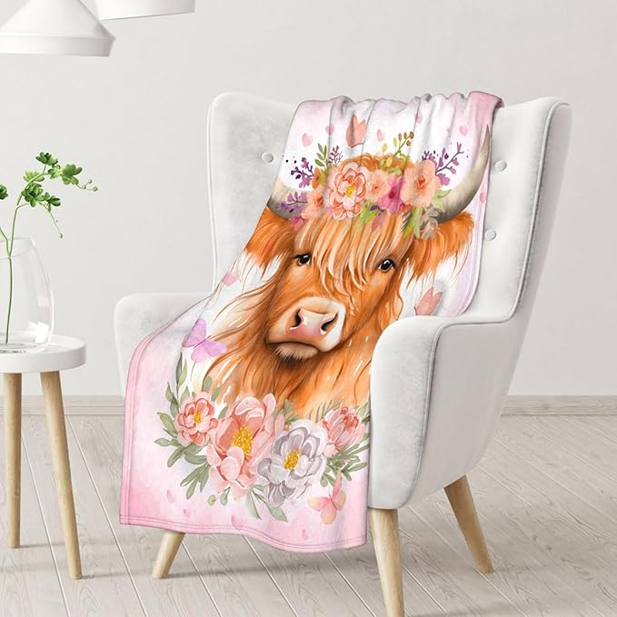 Highland Cow Throw Blanket for Boys, Girls - 40" x 50" Inches Cute Highland Cow Blanket Gifts for Kids - Pink Soft Warm Throw for Sofa, Crib & Bed