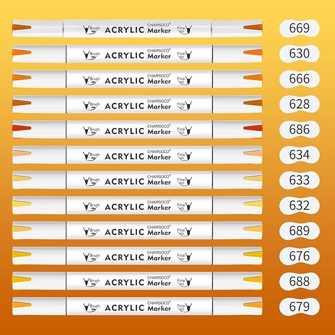 Yellow Tones Acrylic Paint Pens, 12 Colors Markers Set with Soft Brush & Bullet Tip, for Rock, Painting, Wood, Glass, Ceramic, Canvas, Stone, DIY Crafts, Making Art Supplies, Fabric Paint