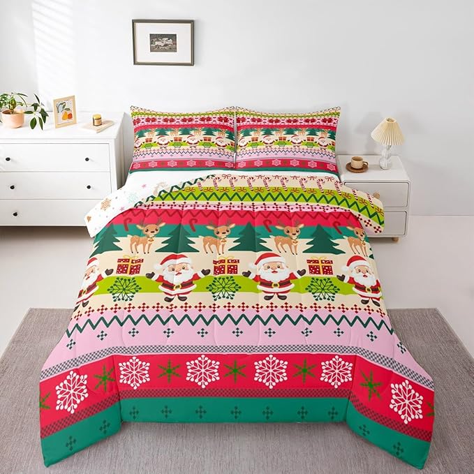 Feelyou Merry Christmas Comforter Set Twin Size Santa Claus Bedding Set for Kids Boys Girls Cute Deer Duvet Quilt Snowflake Bedroom Decor Microfiber 2 Pcs with 1 Pillow Cases