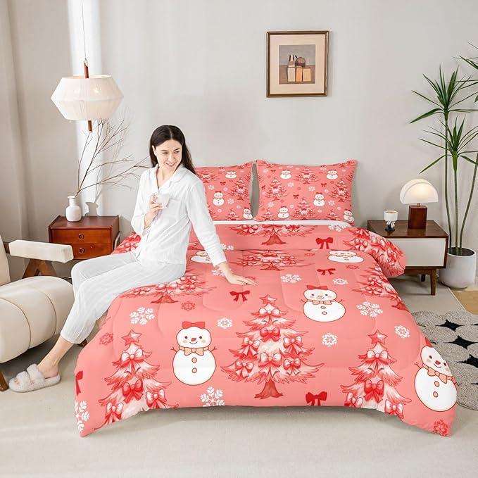 Feelyou Merry Christmas Kids Comforter Set King Size Cute Snowman Bedding Set Cartoon Bowknot Duvet Quilt for Kids Boys Girls Bedroom Christmas Tree Decor Microfiber Ultra Soft Breathable