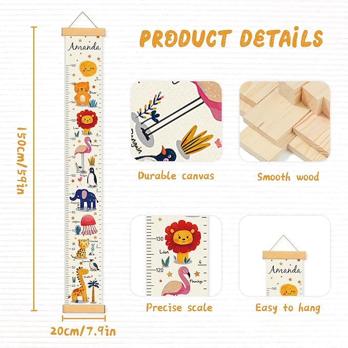 Personalized Growth Chart for Wall, Kids Height Wall Chart for Kids Baby Child Toddler Boys Girls (Animals)