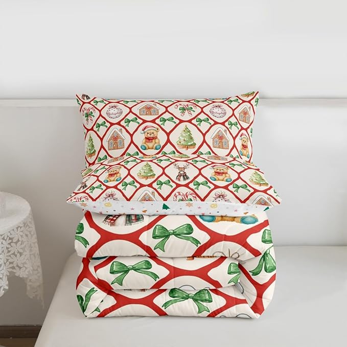 Manfei Merry Christmas Girls Bedding Set Twin Size,Kawaii Bowknot Cartoon Xmas Bear Comforter Set,Pine Tree Geometric Lattice Quilt Comforter Teens,Beige Red Green Room Decor All Season,1 Pillowcase