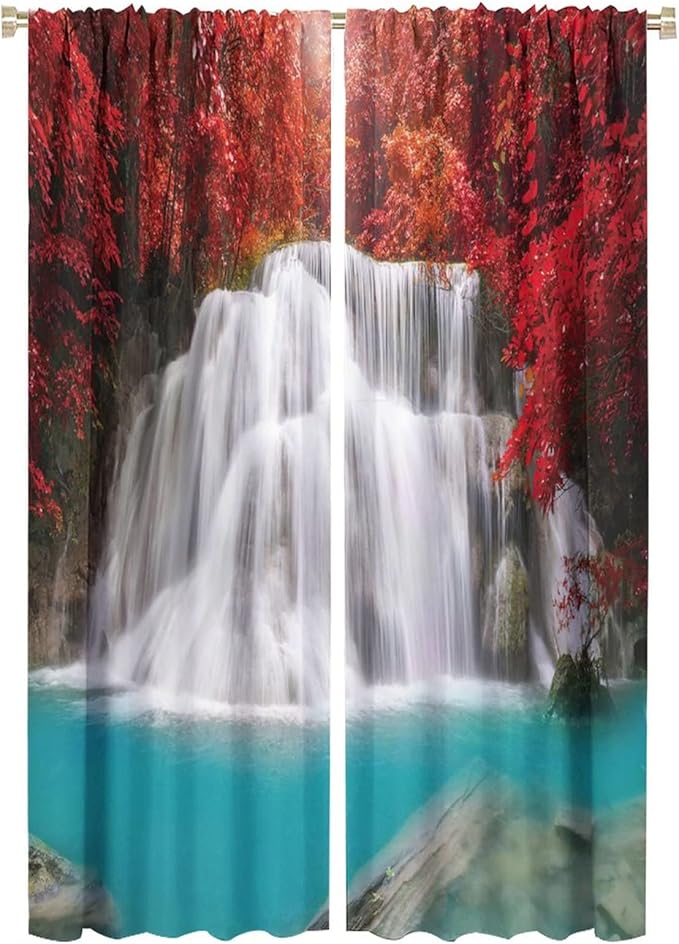 Red Forest Waterfall Blackout Windows Curtains, Tree Landscape Woodland Scenic Nature Fall Scenery Art Printed Curtains, for Living Room Bedroom 42x63in 2 Panels