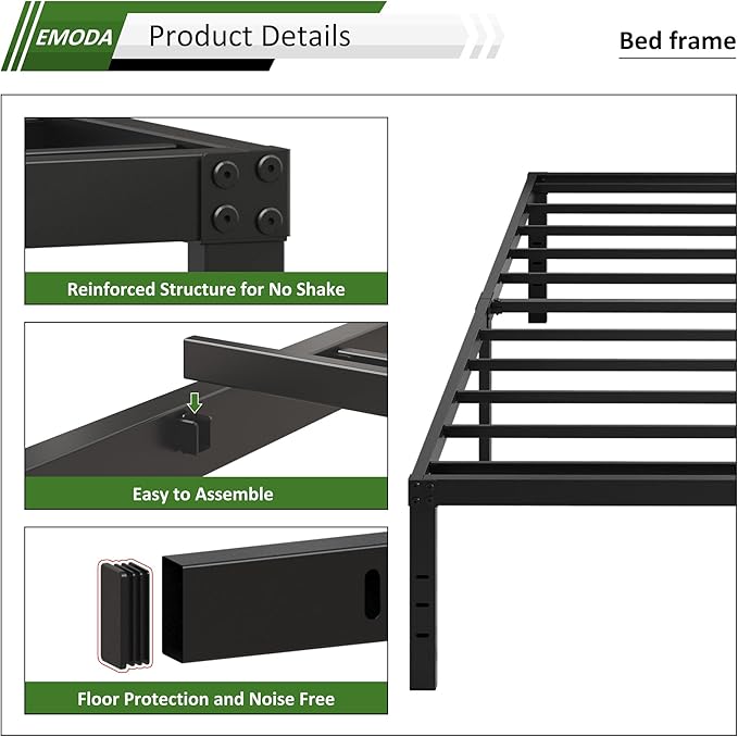 EMODA 14 Inch Twin XL Bed Frames No Box Spring Needed, Heavy Duty XL Twin Metal Platform Bed Frame, Noise Free, Easy Assembly, Black