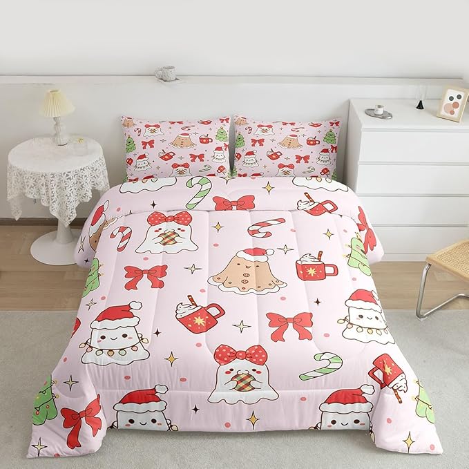 Feelyou Christmas Bedding Set Soft for Boys Girls, Cute Bow Comforter Set King Size Cute Ghost Duvet Quilt Microfiber Coquette Bow Knot Bedroom Decor Candy Print 3 Pcs with 2 Pillow Cases