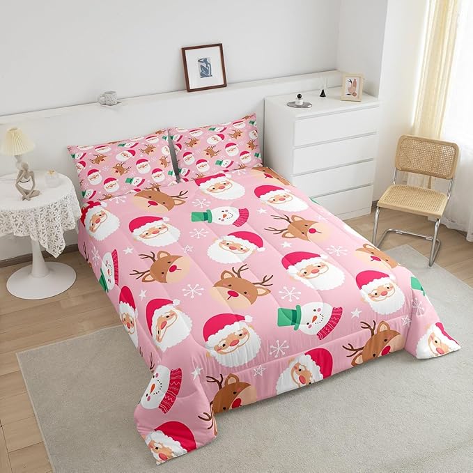 Cartoon Santa Claus Kids Comforter Set Queen Size,Cute Snowman Deer Xmas Bedding Set,Boys Girls Adults Room Decor,Merry Christmas Snowflake Down Comforter,Pink Romantic Duvet Insert,2 Pillowcases