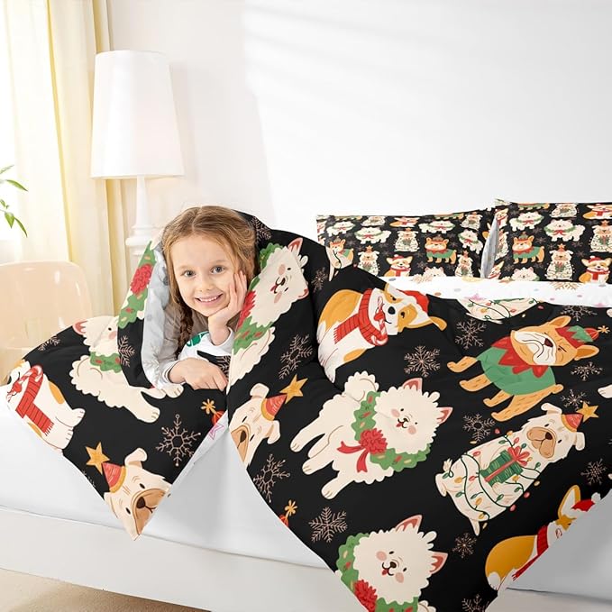 Castle Fairy Cute Puppy Dog Animal Twin Size Comforter Set,Christmas Pets Quilt Set Soft Bed Collection,Merry Christmas Theme Bedding Comforter for Boys Girls Room Decor,2 Pcs