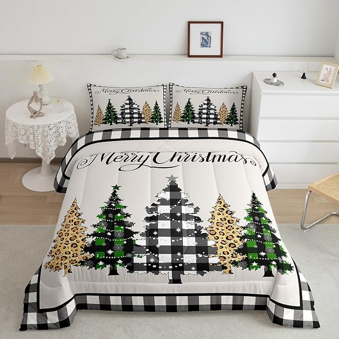 Manfei Merry Christmas Kids Comforter Set Twin Size,Leopard Plaids Pines Trees Bedding,Girls Boys Adults Bedroom/Xmas Cabin Decor,Geometric Grids Retro Down Comforter,Rustic Duvet Insert,1 Pillowcase