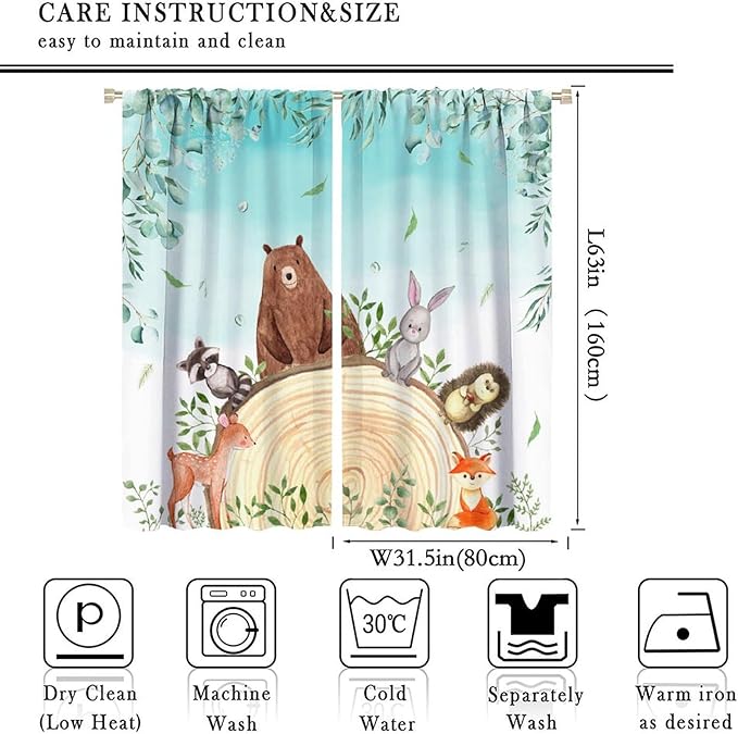 Kids Forest Animal Curtains, Woodland Animal Window Treatments Fox Deer Bunny Wildlife Safari Jungle Bear Farmhouse Window Drapes for Girls Boys Nursery Bedroom 63x63in