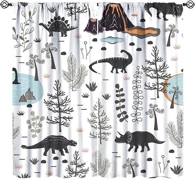 Funny Dinosaur Curtains Cute Dino Cartoon Animals Abstract Aesthetics Art Print for Kids Girls Boys Bedroom Living Room Rod Pocket Decoration Window Drapes 2 Panels W27.5xL63in