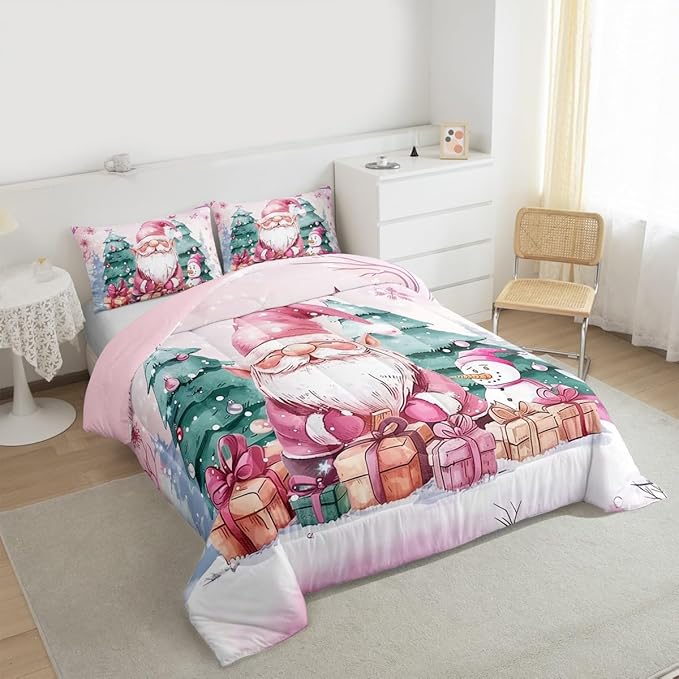 Feelyou Pink Christmas Comforter Set All Season Santa Claus Bedding Set with 2 Pillow Cases Cute Snowflake Kids King Bedclothes Merry Christmas Tree and Snowman Decor Duvet Quilt Soft