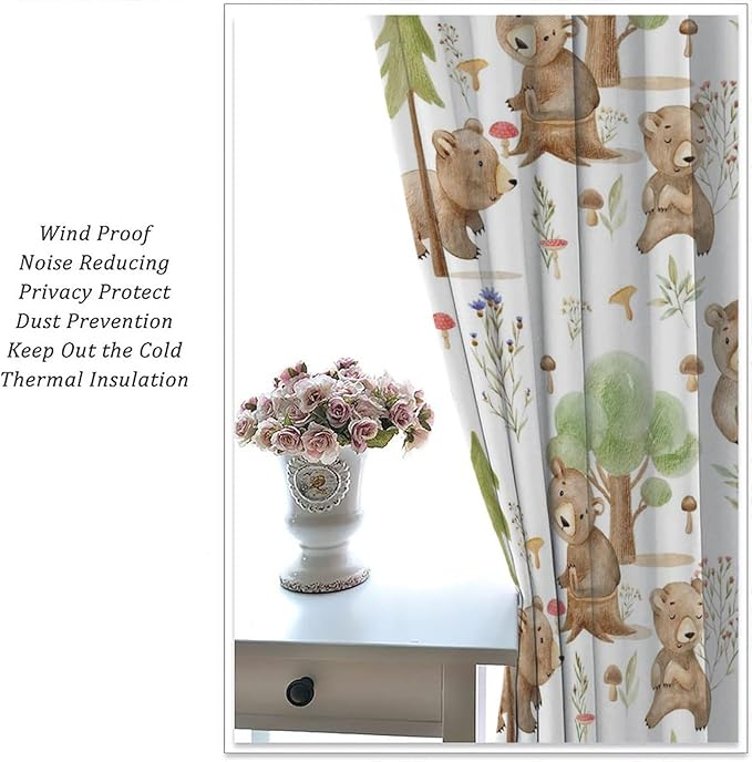 Forest Animal Curtains,Kids Home Bedroom Window Treatments, Cartoon Watercolor Bear Squirrel Woodland Animal Drapes 42x63in