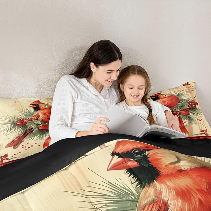 jejeloiu Kids Red Cardinal Comforter Set Toddler Christmas Red Black Plaid Bow Bedding Set for Boys Girls Teens Xmas Birds Animal Winter Wood Plank Duvet Quilt Room Decor