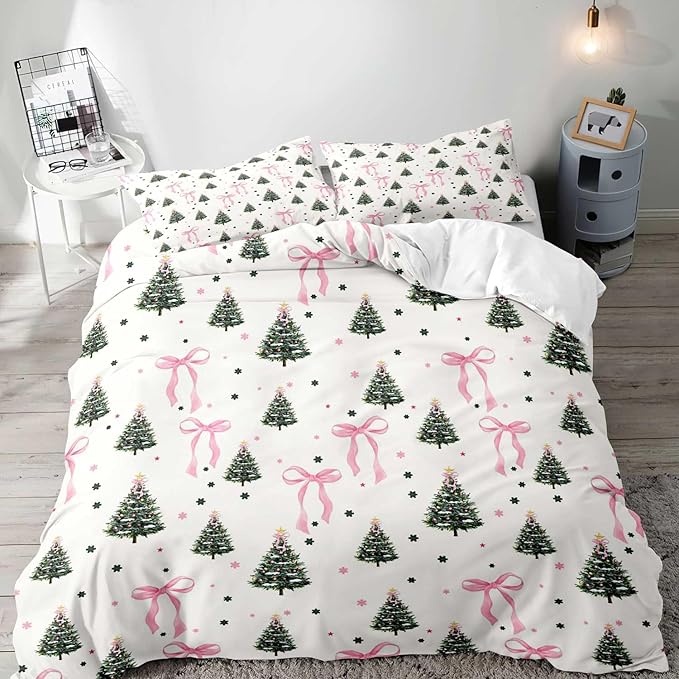 LUVIVIHOME 3PCS Pink Bow Christmas Tree Duvet Cover King Bedding Set, White Duvet Cover, Teen Girls Bedding, Winter Holiday Christmas Comforter Cover, Coquette Room Decor Aesthetic, 2 Pillow Shams