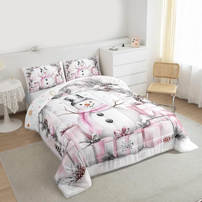 Feelyou Merry Christmas Comforter Set All Season Cute Snowman Bedding Set with 1 Pillow Cases Microfiber Kids Toddler Bedclothes Snowflake Bedroom Decor Duvet Quilt Breathable Soft