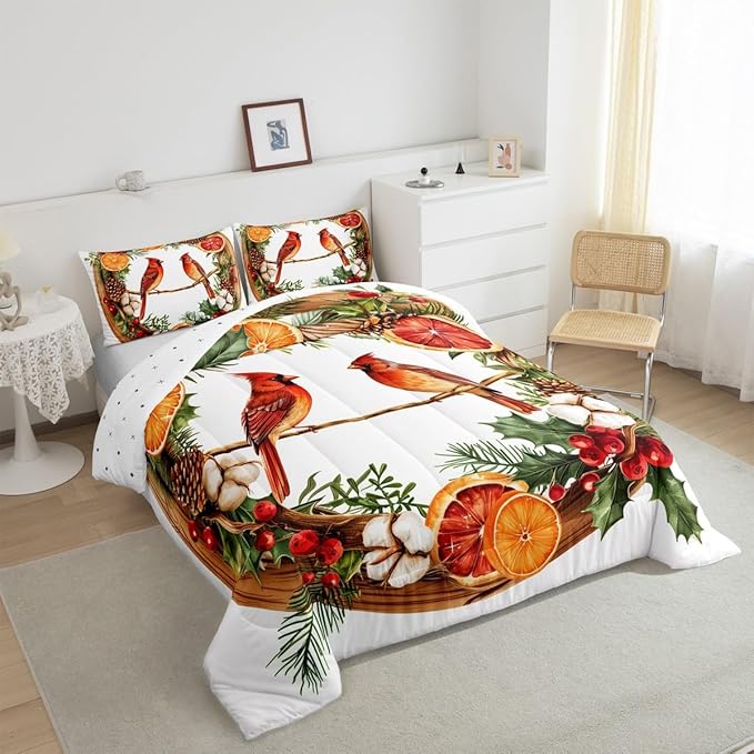 jejeloiu Kids Red Cardinal Comforter Set Queen Size Christmas Theme Bedding Set for Boys Girls Teens Xmas Birds Animal Lemon Winter Wood Duvet Quilt Room Decor