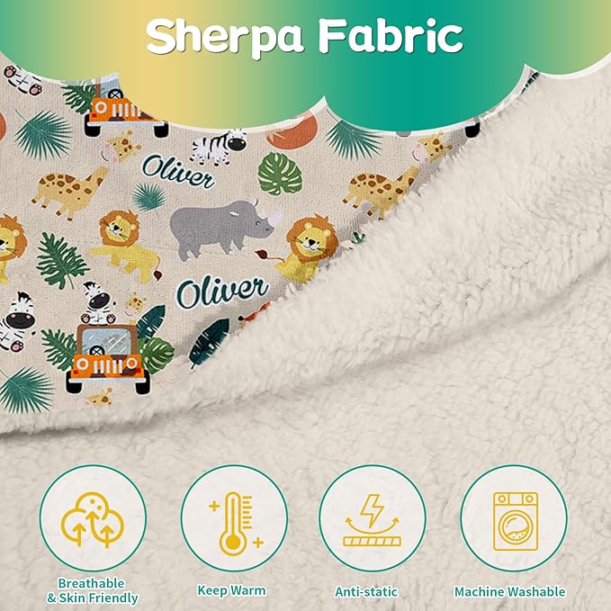 Custom Safari Animals Blanket Gift, Personalized Baby Blanket with Name, Soft Plush Flannel/Sherpa Fleece Throw Blankets for Toddler Kid Teen Boys Girls Color01