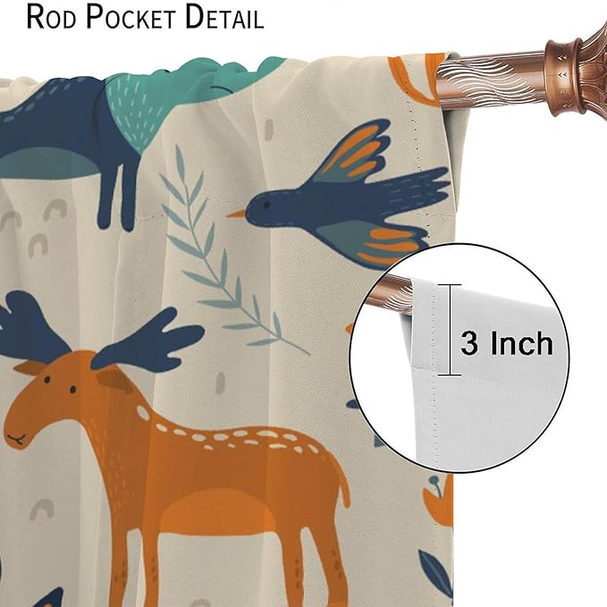 Kids Forest Animal Curtains, Rustic Cartoon Cute Wild Animal Window Treatments Woodland Safari Animal Fox Deer Bear Window Drapes for Girls Boys Nursery Toddler Bedroom 63x72in