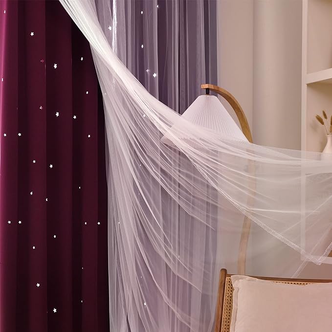 Kinryb Kids Blackout Curtains for Bedroom/Living Room/Classroom, Sheer Overlay 2 Free Tiebacks, Double Layer Curtains with Star Cutout for Kids Room(Each Piece W 70 x L 95 Inches 2 Pcs Red)