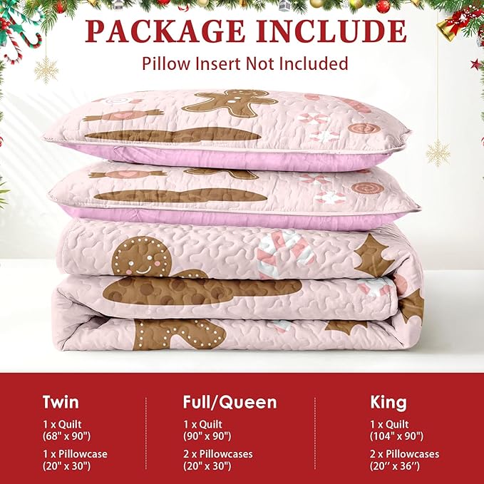 Christmas King Size Quilt Set, Pink Cute Cartoon Gingerbread Man Lightweight Bedspread Coverlet with Pillow Shams for Kids and Adults, Merry Xmas 3 Pcs Bedding Bed Cover