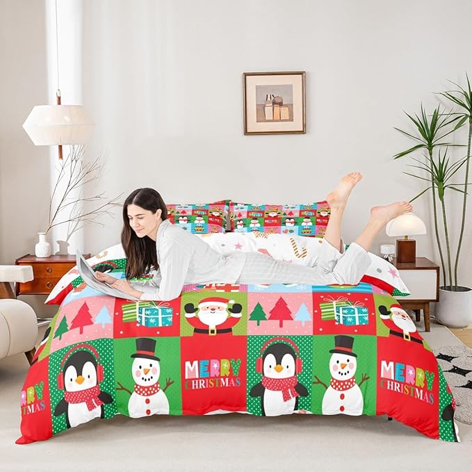 Christmas Bedding Set for Kids Boys Girls Santa Claus Christmas Tree Comforter Cover Set Colorful Geometric Grid Duvet Cover Bedroom Decor Xmas Theme Bedspread Cover Queen Size Bedding Collection 3Pcs