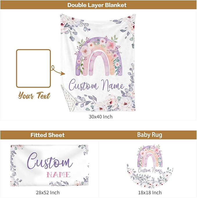 Custom Baby Crib Bedding Set, 3 Pcs Personalized Nursery Bedding Set with Name, Soft Baby Bedding Crib Sets with Blanket - Toddler Crib Sets for Girls Boys, Infant Newborn Gifts, Purple Rainbow
