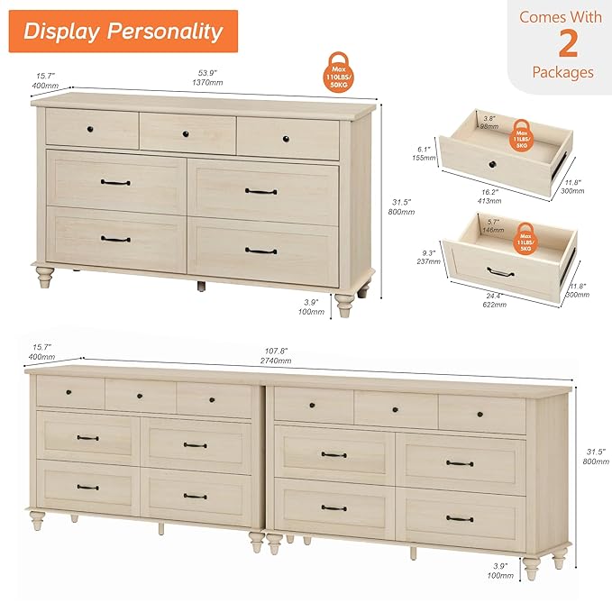 WAMPAT 2-in-1 Baby Dresser for Bedroom, Elegant Kids Dresser Wooden Dresser for Kids Room, 7 Drawer Dresser Set Organizer for Children's Bedroom, Nursery Furniture, Beige