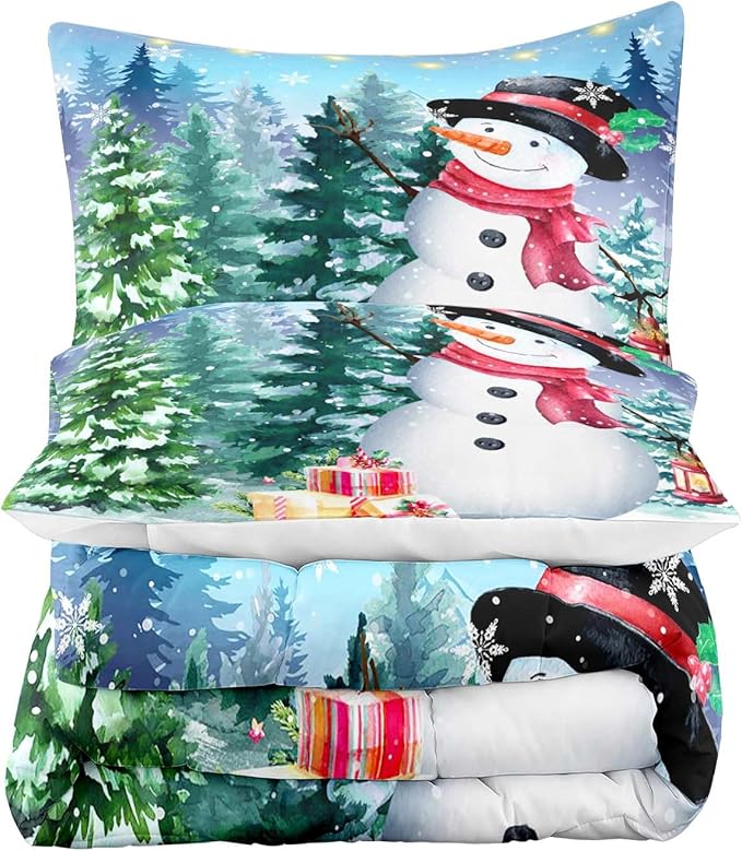 LUVIVIHOME 3PCS Merry Christmas Comforter Set Full Size, Cute Funny Snowman Bedding, Winter Snowflake Pine Tree Christmas Bedroom Decor for Kids Boys Girls Teens Toddler, Xmas Gifts, 2 Pillow Shams