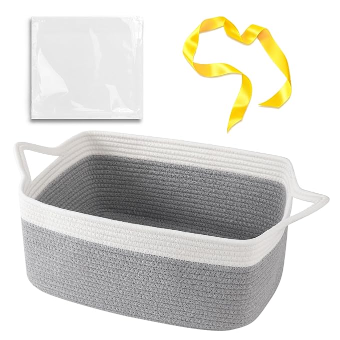 OIAHOMY Woven Rope Basket with Gift Bags and Ribbons, Gift Basket Empty for Baby Shower Birthday, Halloween, Christmas, Cute Cat Ear Handles for Shelf Living Room Bathroom, Grey & White,19L