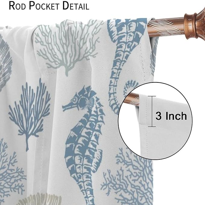 Seahorse Coral Curtains,Starfish Seashell Beach Sea Starfish Seashell Theme Pattern Blackout Print Home Bedroom Living Room Window Treatmen 2 Panel Set 42x63 Inch