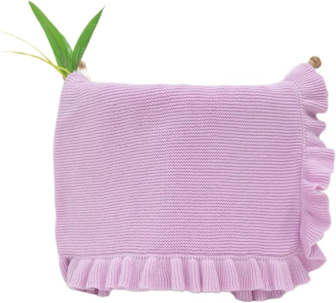 Cotton Baby Blanket with Ruffle Edge Soft Breathable Newborn Blanket for Boys & Girls, Lightweight Knit Throw for Crib, Stroller & Nursery Multiple Colors Available Lilac 28x36