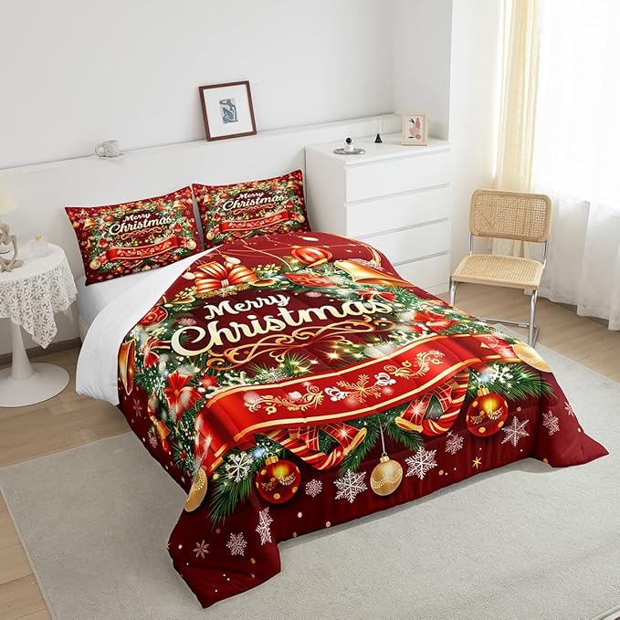 Merry Christmas Bedding Set - Full Size, Kids Boys Girls Room Decor - Christmas Wreath Snowflake Comforter Set, Red Xmas Ball Glitter Duvet Insert 3Pcs, Quilt Set, 2 Pillowcases