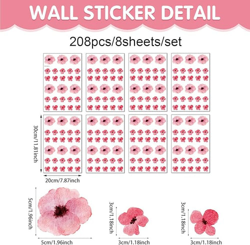 208Pcs Boho Flower Wall Stickers, Peel and Stick Pink Floral Wall Decals, Removable Neutral Watercolor Wildflower Blossom Window Clings for Girls Bedroom Living Room Offices Home Decoration