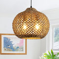 13.79" Rattan Coastal Pendant Light Fixture,Boho 2-Light Kitchen Island Ceiling Hanging Lighting Wicker Hand Woven Farmhouse Chandelier,for Bedroom, Dining Room, Entryway, Foyer