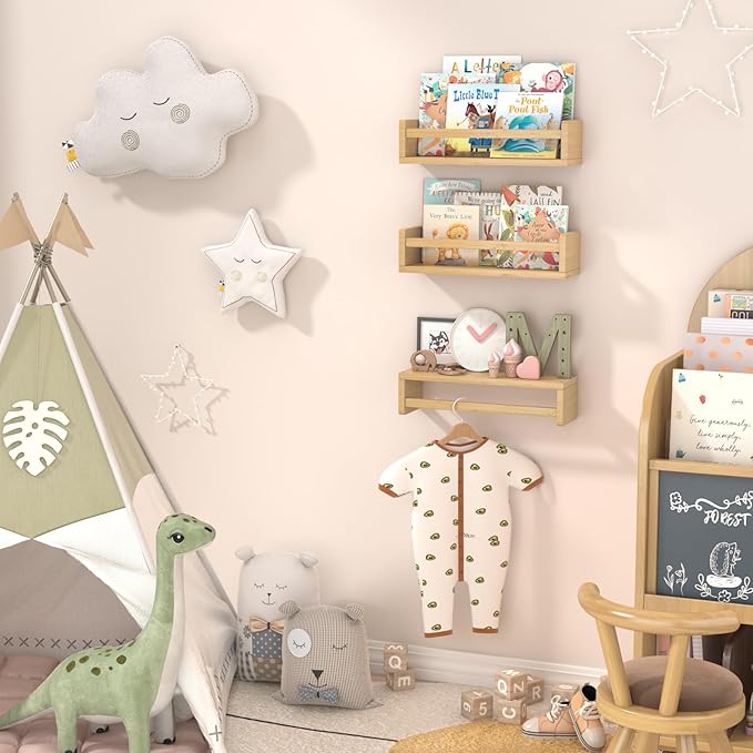 Floating Nursery Book Shelves for Wall, 15.7 Inch Nature Solid Wood Wall Mounted Bookshelf Set of 3, Hanging Bookshelves for Kids Room, Bedroom Nursery Decor and Book Storage (Wood)