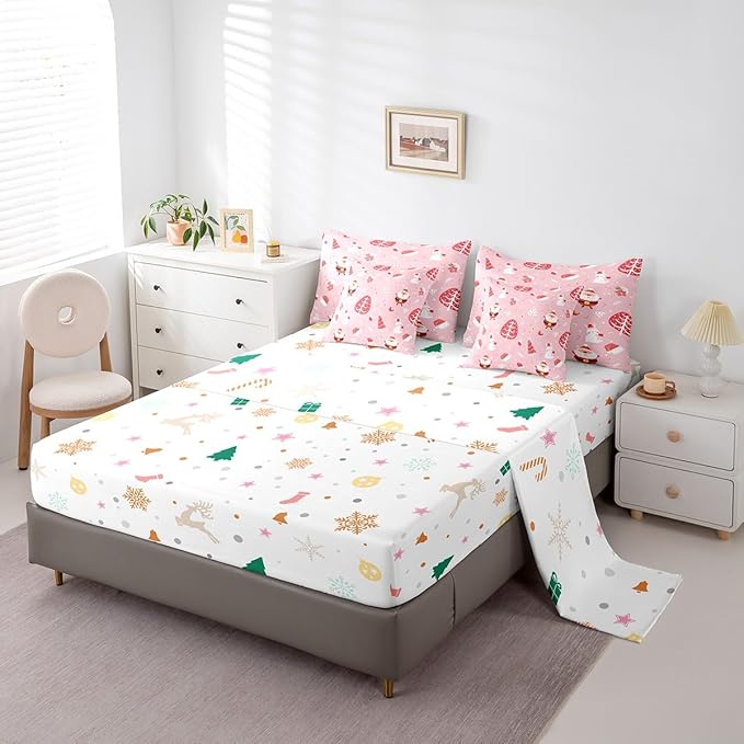 Feelyou Santa Claus Bed in a Bag Cute Rabbit Kawaii Pink Comforter Set with Sheets for Kids Boys Girls Decor Merry Christmas Bed Set Girly Pink Bedding Set Bedroom Collection Twin Size