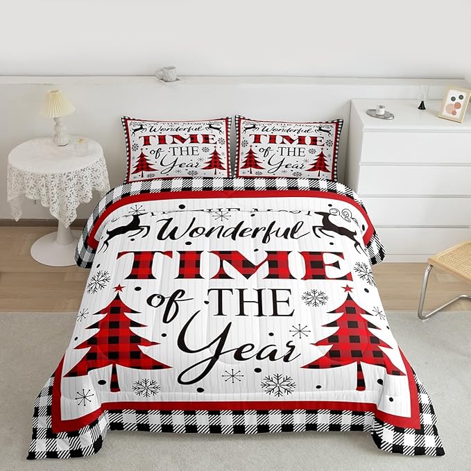 Merry Christmas Kids Comforter Set King Size,Snowflake Deer Pine Trees Romantic Bedding,Girls Boys Adults Bedroom/Xmas Cabin Decor,Grids Stylish Down Comforter,Rustic Duvet Insert,2 Pillowcases